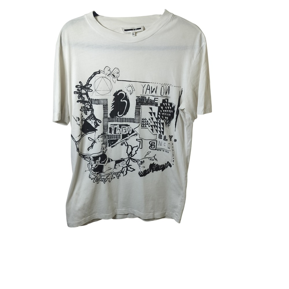 McQ Alexander McQueen Mens Abstract Graphic Print T-Shirt White Cream Large